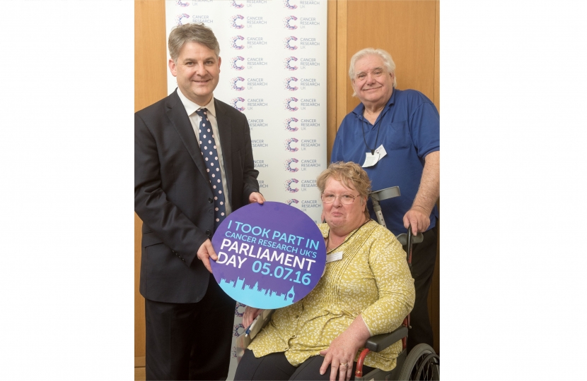 Philip meeting Jean and Jim Gallagher on Cancer Research Parliament Day 2016